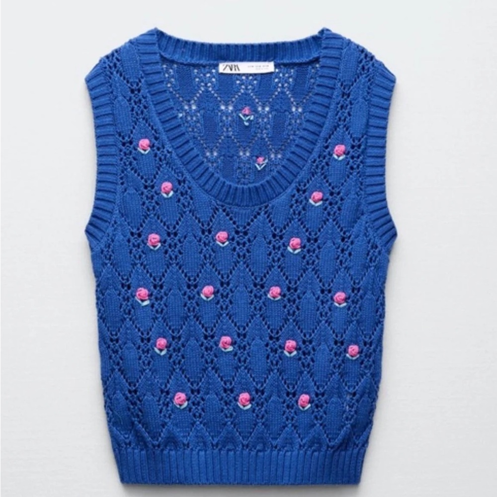 Zara Blue Knit Vest with Pink Accents